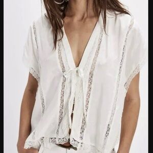 Free people marigold shine White Lace Trim Blouse